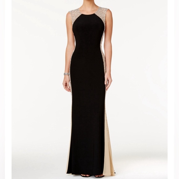 Escape formal dress with sheer beaded sides and sleeves. Size 8 navy - Picture 1 of 8